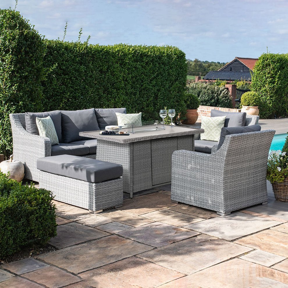 B 3 Seat Rattan Sofa Dining Set with Fire Pit Table & Weatherproof Cushions - Image 3