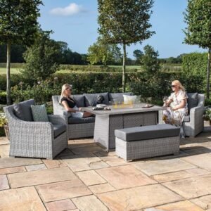 B 3 Seat Rattan Sofa Dining Set with Fire Pit Table & Weatherproof Cushions