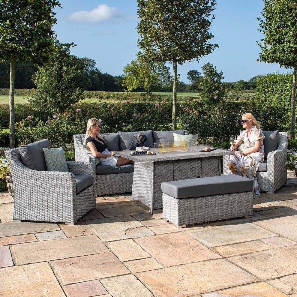B 3 Seat Rattan Sofa Dining Set with Fire Pit Table & Weatherproof Cushions