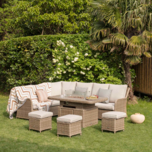 Hampshire Large Corner Round Wicker Rattan Casual Dining Set with Rising Firepit Table, Natural