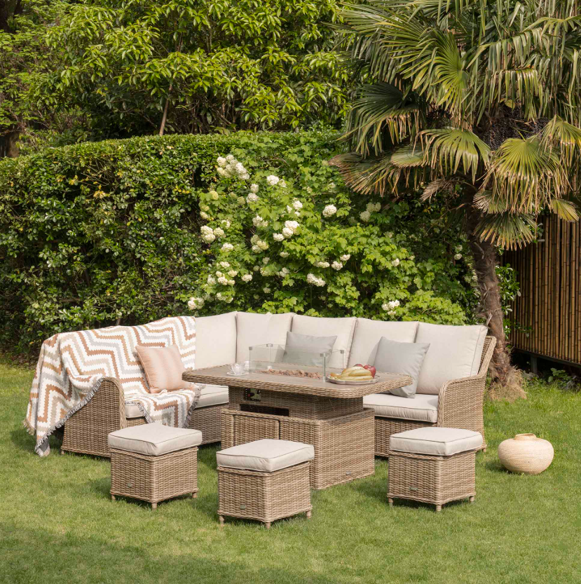 Hampshire Large Corner Round Wicker Rattan Casual Dining Set with Rising Firepit Table, Natural