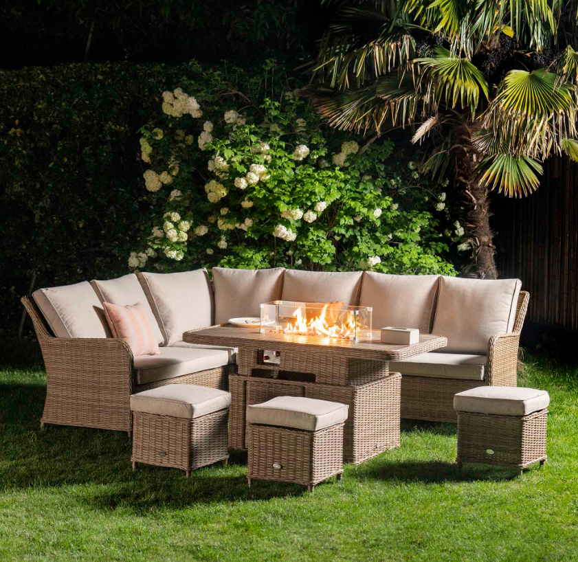 Hampshire Large Corner Round Wicker Rattan Casual Dining Set with Rising Firepit Table, Natural - Image 5