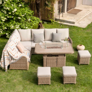 Alternative view of Hampshire Large Corner Round Wicker Rattan Casual Dining Set with Rising Firepit Table, Natural