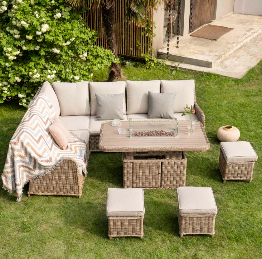 Hampshire Large Corner Round Wicker Rattan Casual Dining Set with Rising Firepit Table, Natural - Image 2