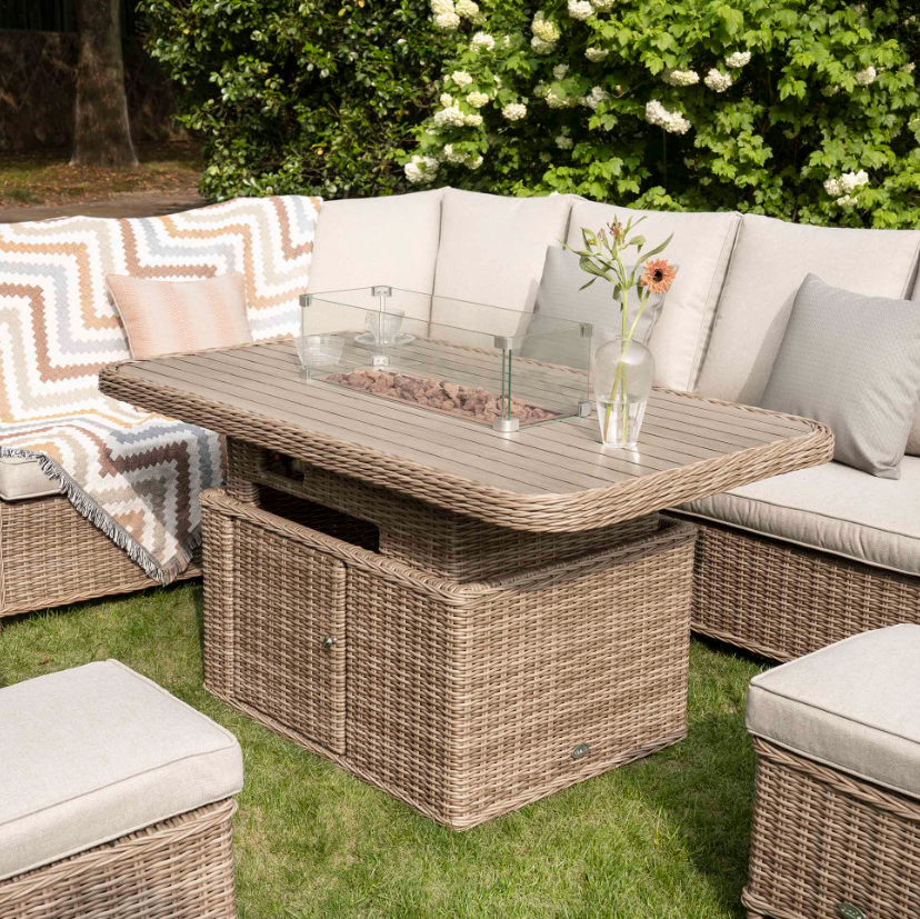 Hampshire Large Corner Round Wicker Rattan Casual Dining Set with Rising Firepit Table, Natural - Image 3