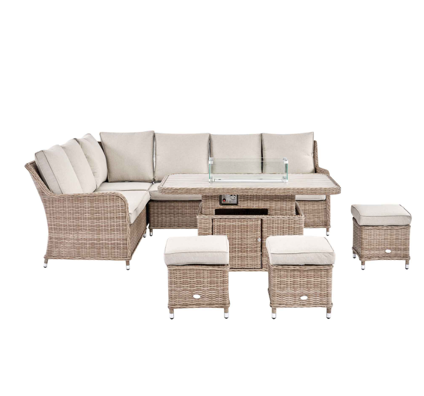 Hampshire Large Corner Round Wicker Rattan Casual Dining Set with Rising Firepit Table, Natural - Image 7