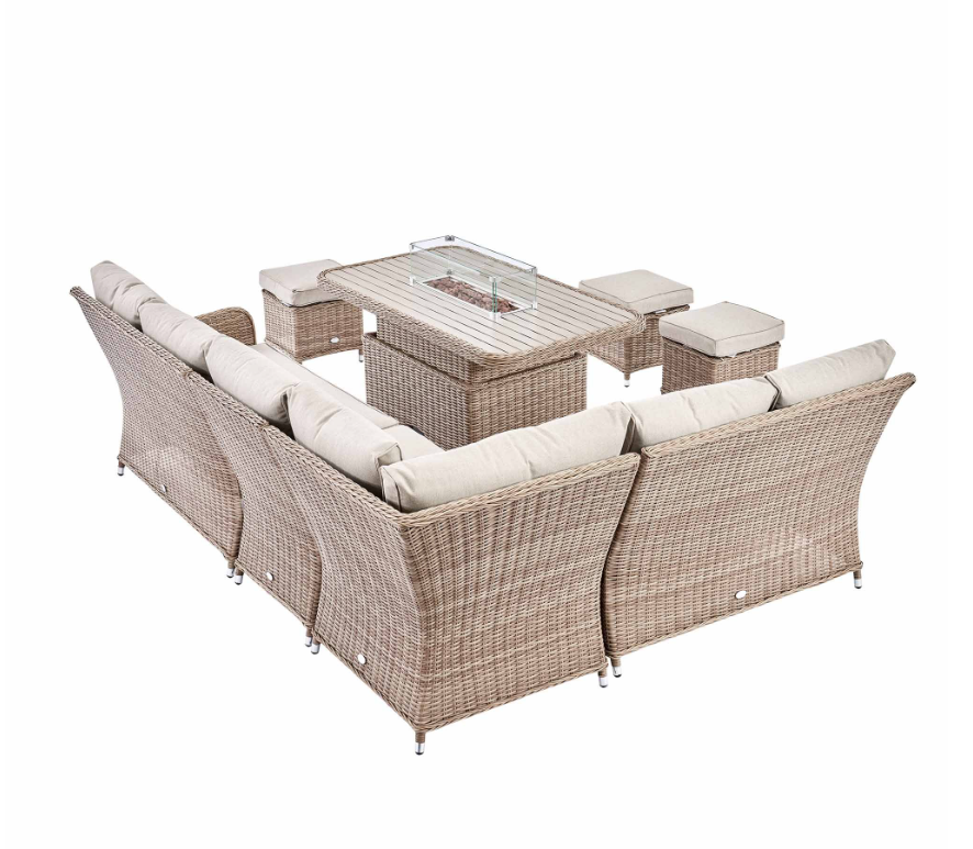 Hampshire Large Corner Round Wicker Rattan Casual Dining Set with Rising Firepit Table, Natural - Image 4