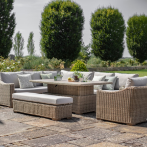 A Fairford Rattan L-Shape Sofa with Rectangle Piston Adjustable Height Table, Bench & Chair – Covers Included for Free