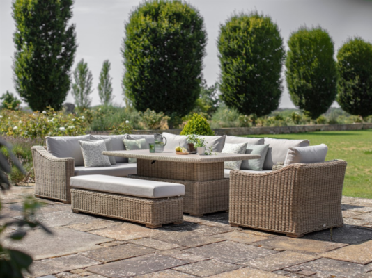 Fairford Rattan L-Shape Sofa with Rectangle Piston Adjustable Height Table, Bench & Chair – Covers Included for Free + 2 Additional Armchairs
