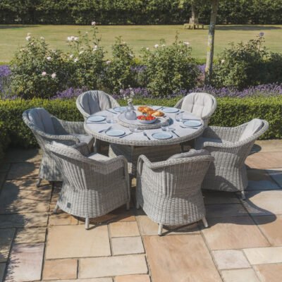 A Oxford 6 Seat Round Dining Set with Heritage Dining Chairs & Woven Lazy Susan - Ceramic Glass
