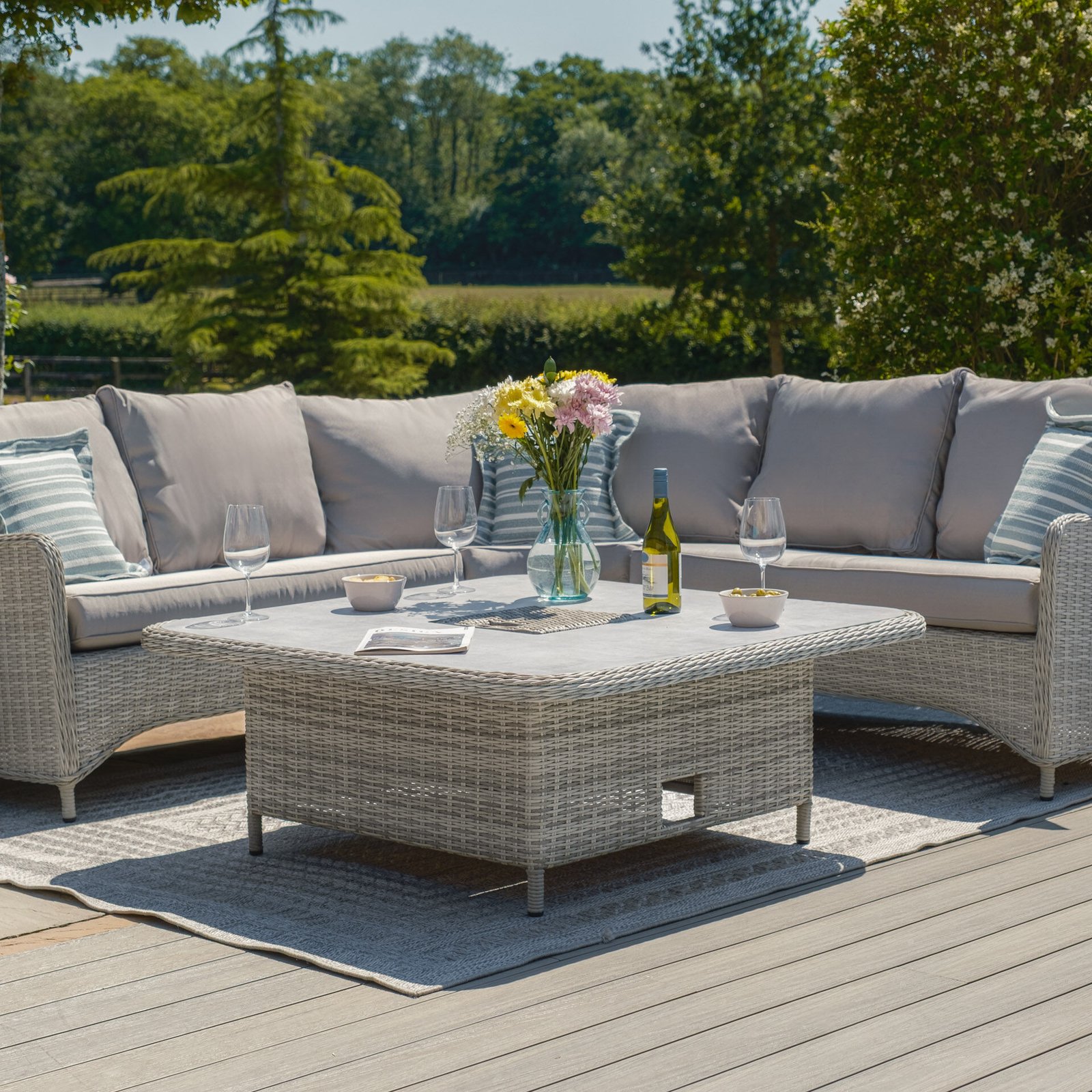 A Oxford Royal Rattan Corner Dining Sofa Set with Ice Bucket & Rising Table - Ceramic Glass - Image 5