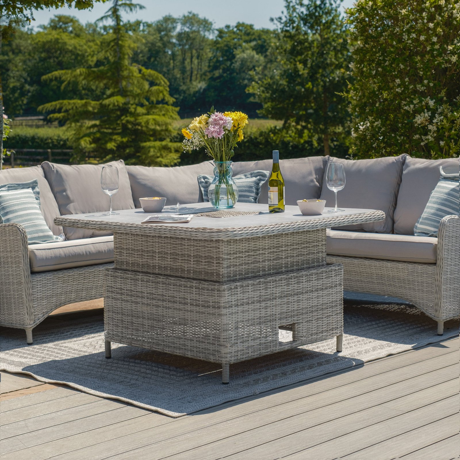 A Oxford Royal Rattan Corner Dining Sofa Set with Ice Bucket & Rising Table - Ceramic Glass - Image 4